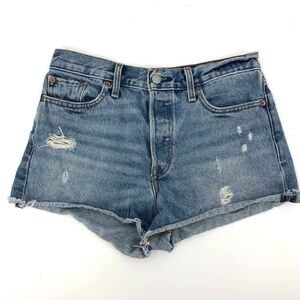 Levi's Size 29 Button Fly High Rise Jean Shorts Blue Denim Cutoff Distressed
